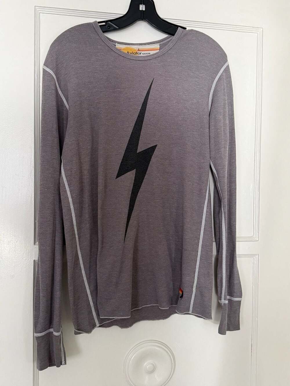 Aviator Nation Gray Thermal Long Sleeve Shirt with Black Lightning Bolt
